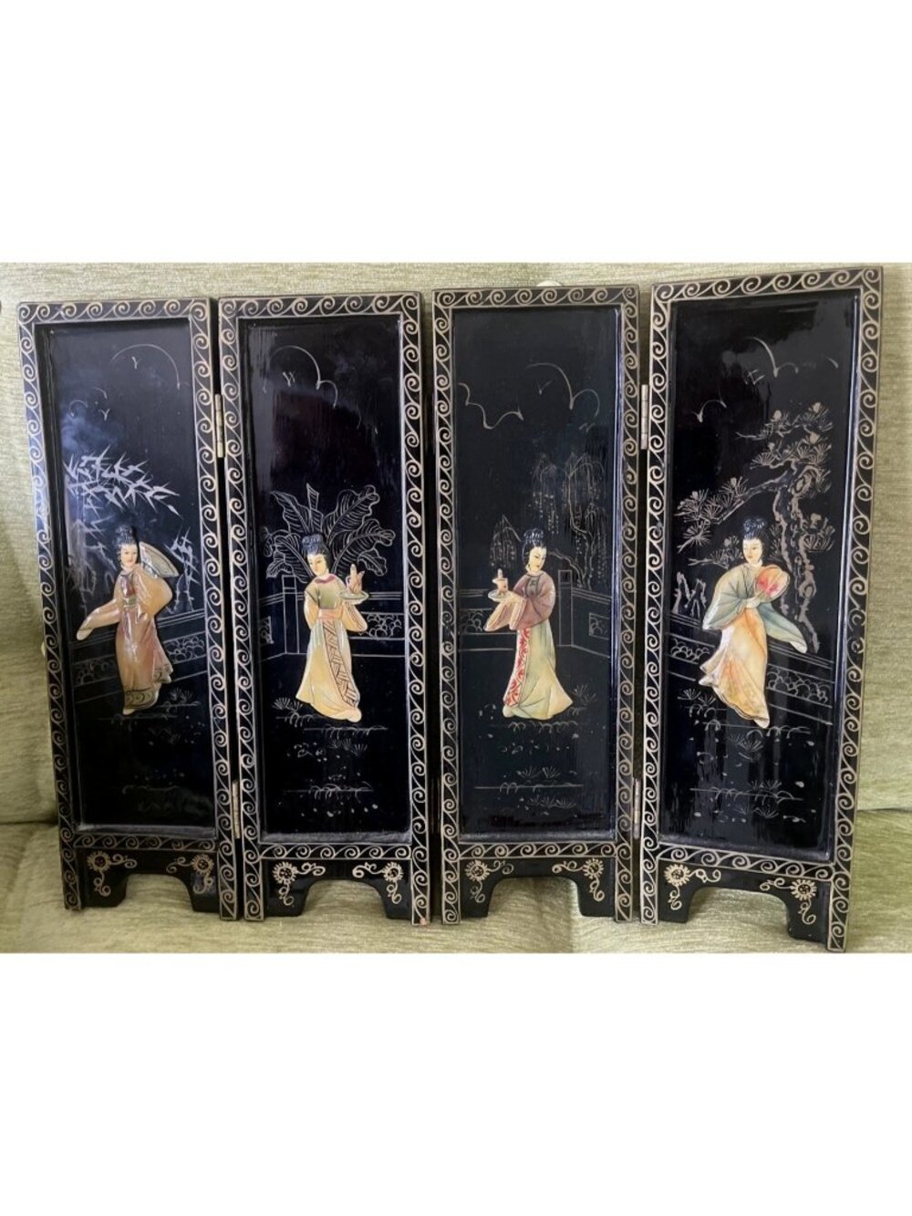 Vtg Asian Black Lacquer Mother Of Pearl Geisha 4 Panel Folding Table Top Screen